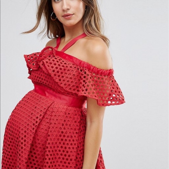 ASOS Maternity Red Lace Cold Shoulder Dress - Picture 8 of 8